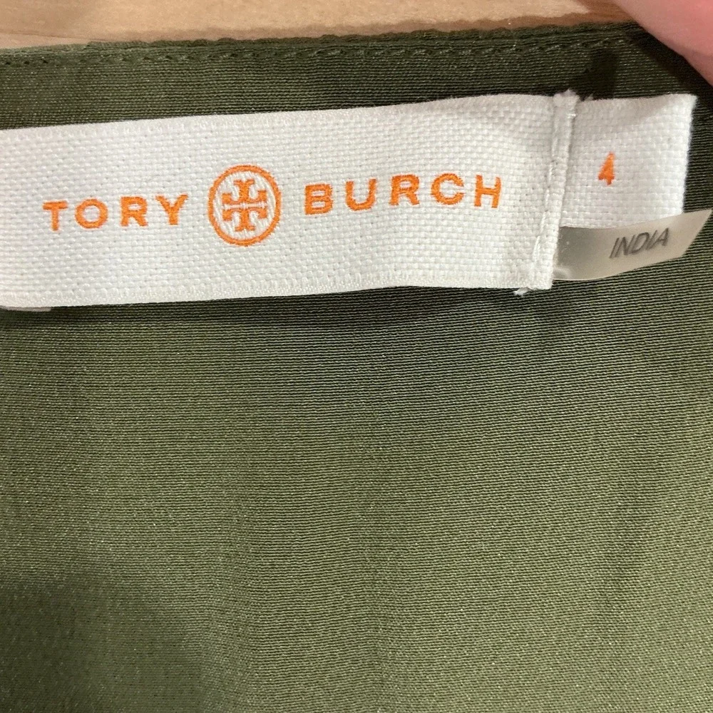 Tory Burch SILK Peasant Blouse Camille Olive Green Embroidered Women Size 4 Boho